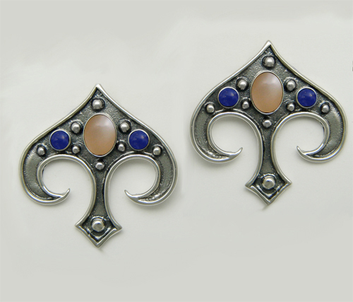 Sterling Silver Gothic Inspired Drop Dangle Earrings With Peach Moonstone And Lapis Lazuli